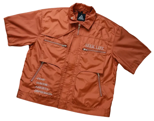 Orange jacket with text on a black background